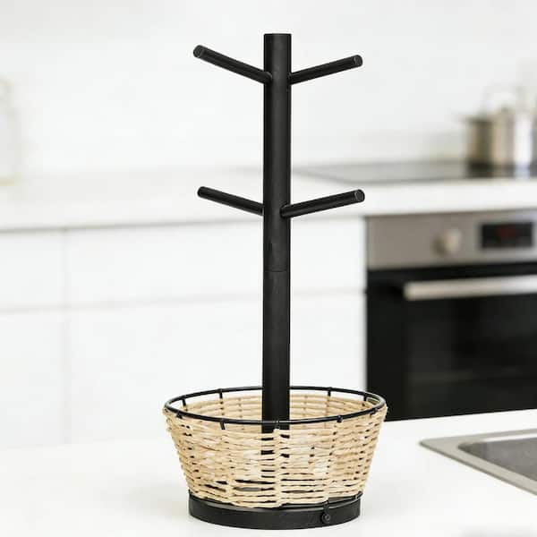 4-Hook Black Mug Tree with Woven Basket, Wood Coffee Mug Holder Tree for Kitchen Counter Cabinet Coffee Bar Accessories