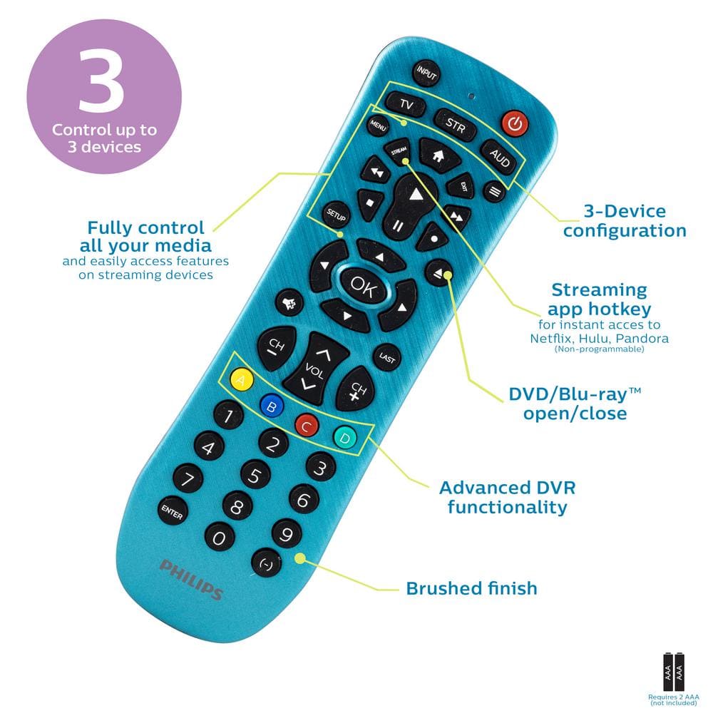 Philips Brushed Electric Blue 3-Device Universal Remote Control