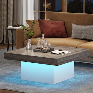 Allan 35.43 in. Rustic Gray and White Square MDF Coffee Table Low Coffee Table with Adjustable LED Light for Living Room