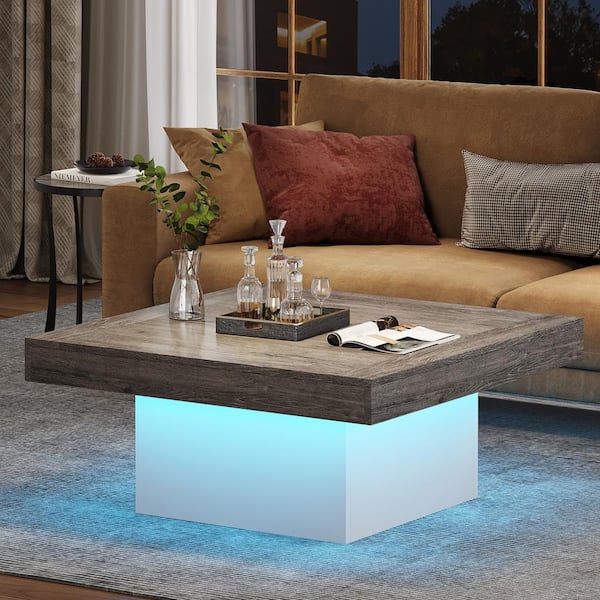 BYBLIGHT Allan 35.43 in. Rustic Gray and White Square MDF Coffee Table Low Coffee Table with Adjustable LED Light for Living Room