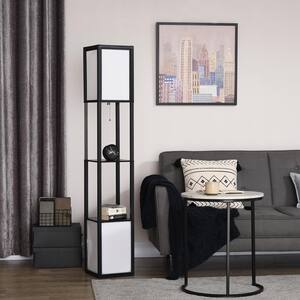 61.5 in. H Black 2-Light Column Tall Standing Floor Lamp with Shelves with Fabric Lampshade, Bulb not Included