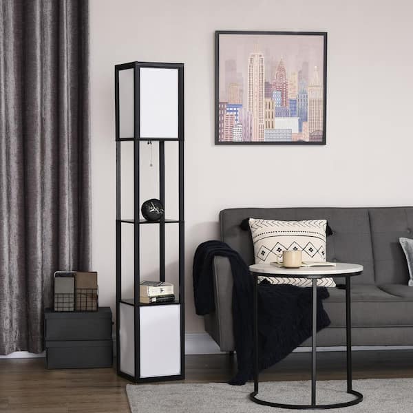 Sunpez 61.5 in. H Black 2-Light Column Tall Standing Floor Lamp with Shelves with Fabric Lampshade, Bulb not Included