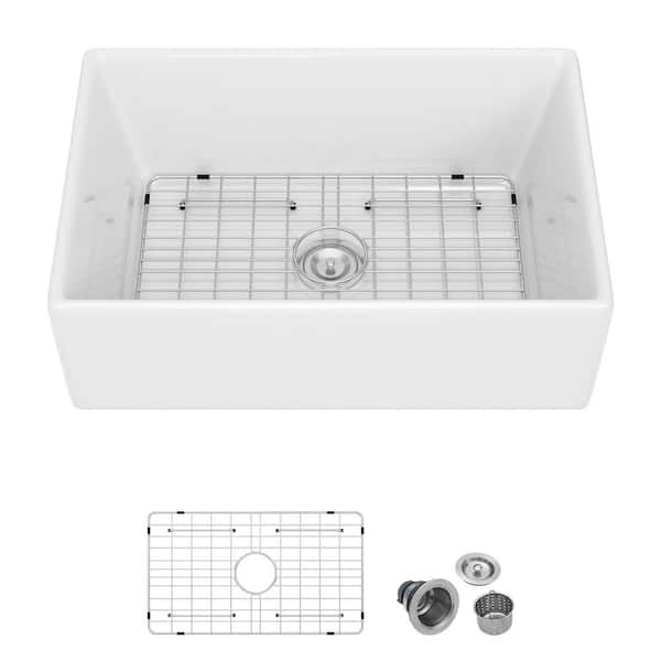 30 in. Ceramic Single Bowl Farmhouse Apron Kitchen Sink in White with Bottom Grid and Strainer Drain
