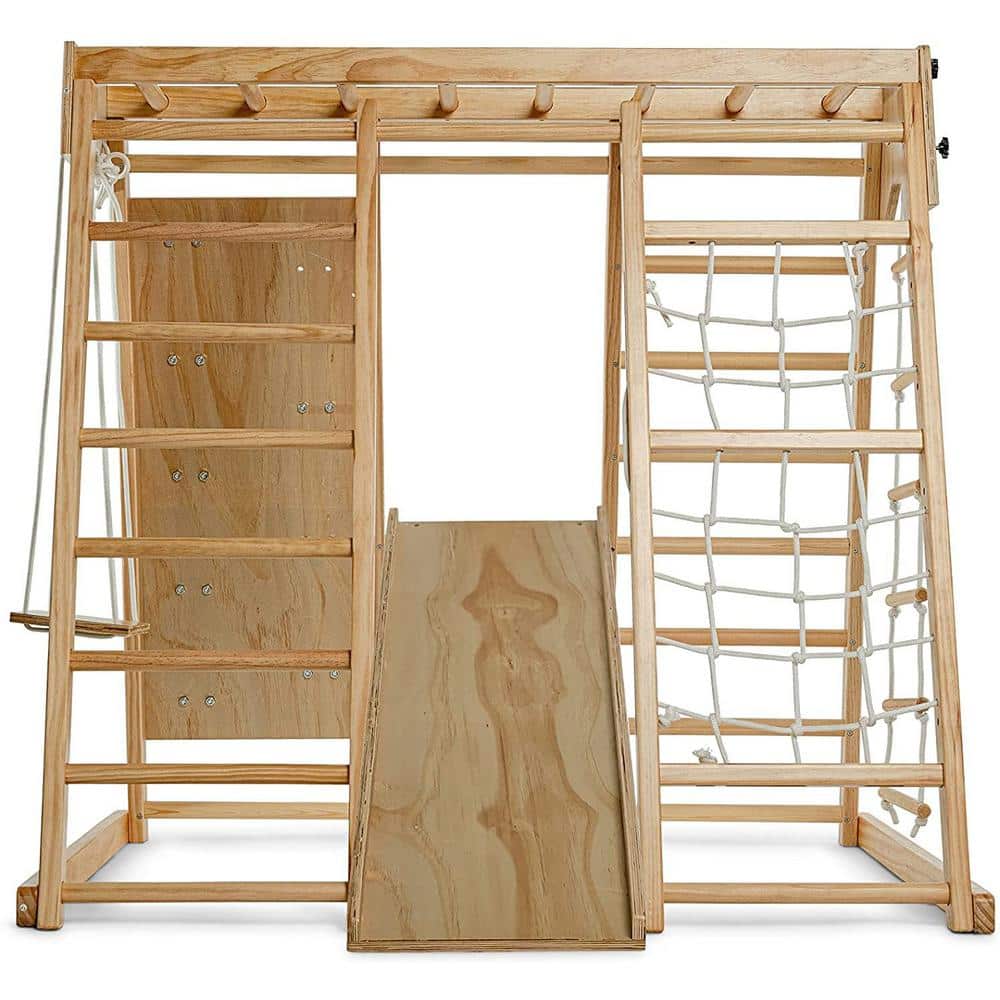 Natural Pine Indoor Climbing Playset with Slide and Swing