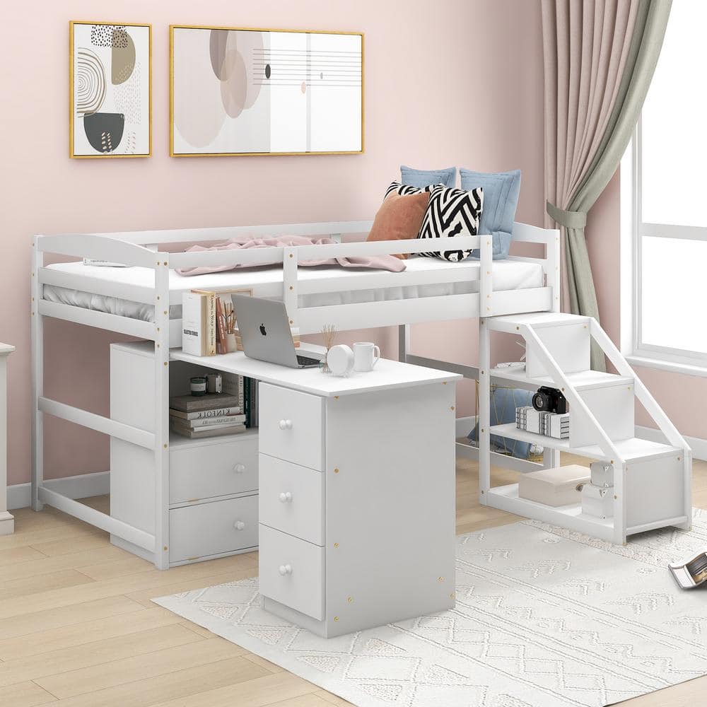 Qualler White Twin Size Loft Bed with Multifunctional Movable Built-in ...