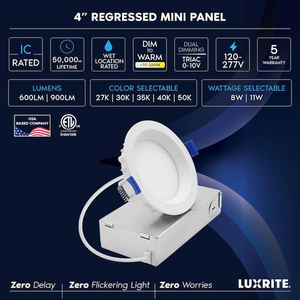 4 In. Integrated LED  Regressed Mini Panel Light, 5CCT, 8W/11W, 600/900 Lumens, CRI90, Dual Dimmable, 100°, ETL 4 Pack