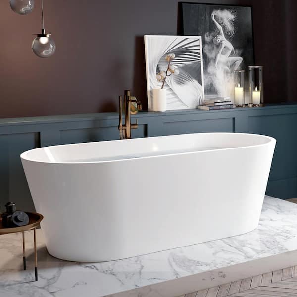 Magic Home 59 in. Acrylic Flatbottom Freestanding Oval Soaking Bathtub in White with Drain