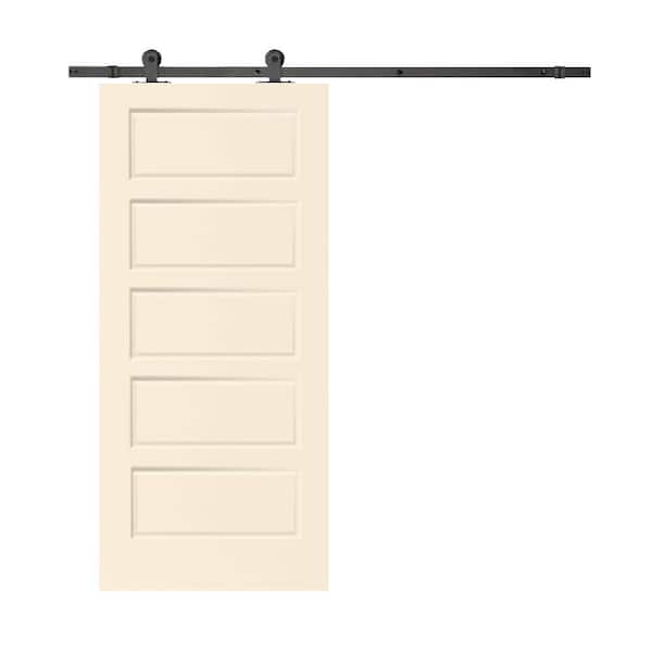 CALHOME 30 in. x 80 in. Beige Stained Composite MDF 5 Panel Interior Sliding Barn Door with Hardware Kit