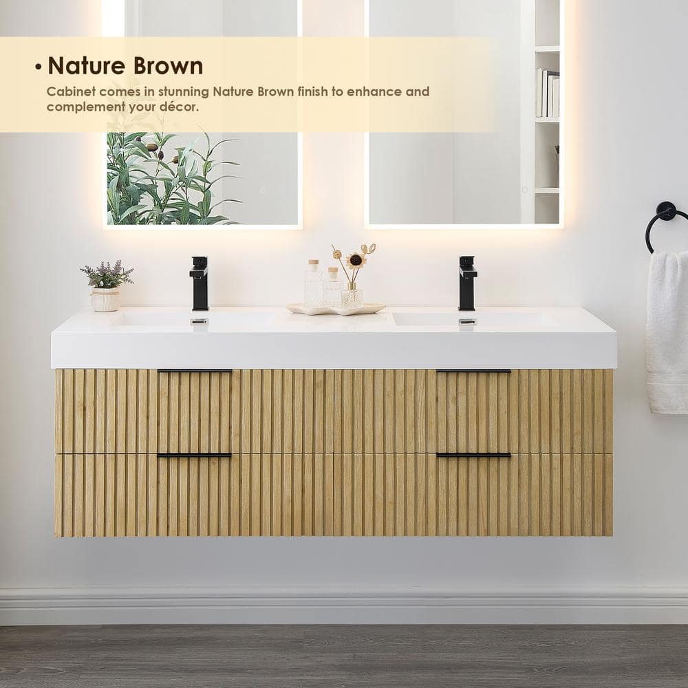 Livia 60" Nature Brown Fir Wood Wall-Mounted Vanity