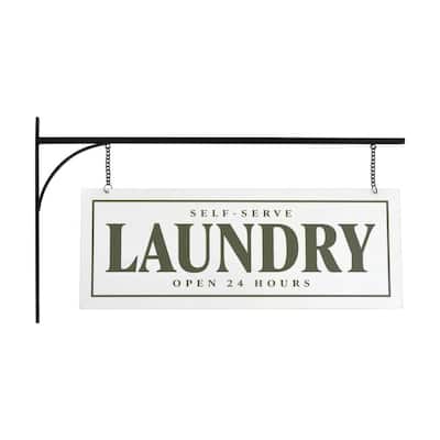 Selfserve Laundry Metal Sign Double-Sided Rustic Black/White/Green Open 24 Hours Wall Bracket Decor 12.75 in. H x 23 in.