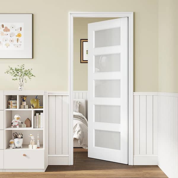 30 in. x 80 in. 5-Lite Tempered Frosted Glass White Solid Core Primed Wood Interior Door Slab
