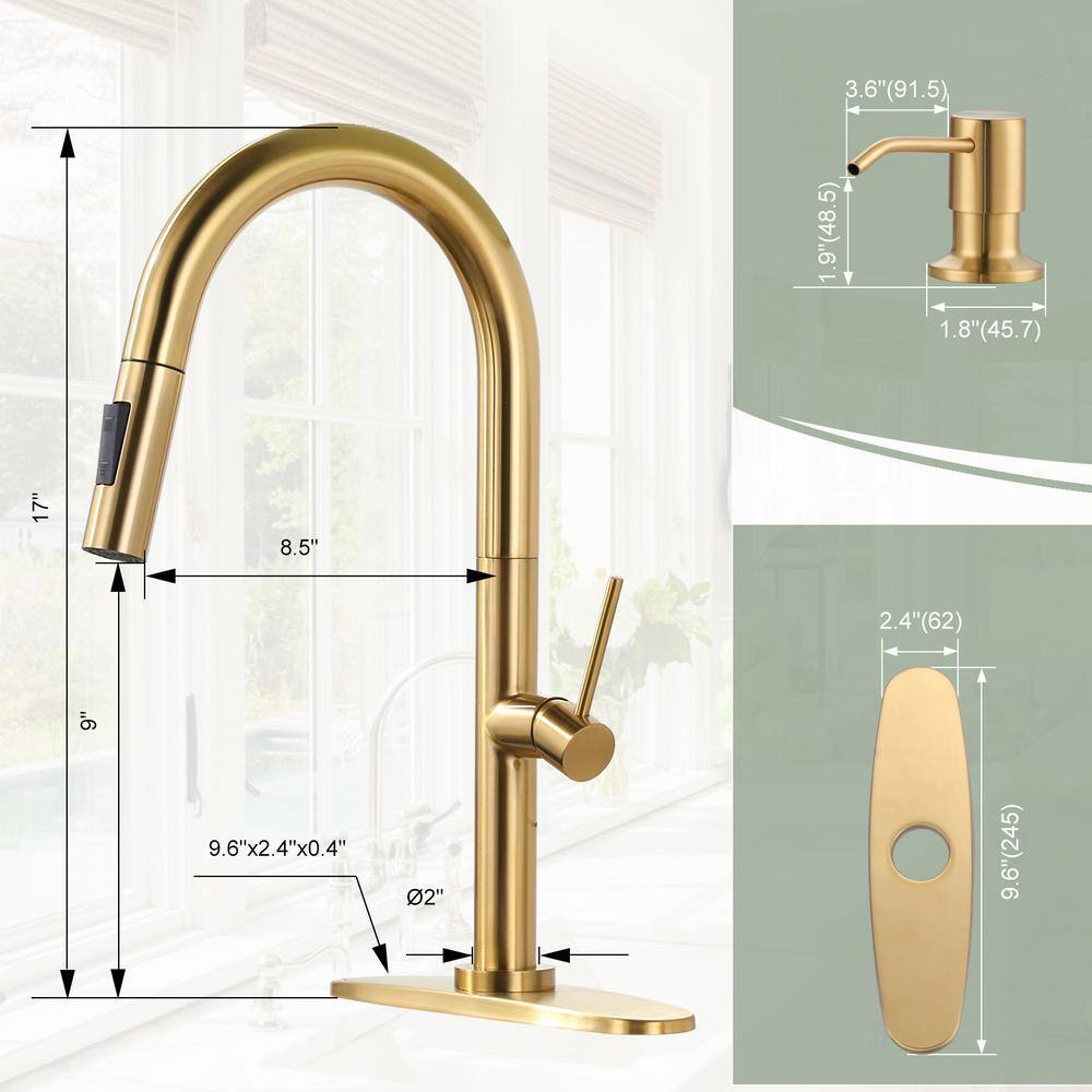 Brushed Gold Stainless Steel Pull Down Kitchen Faucet with Soap Dispenser