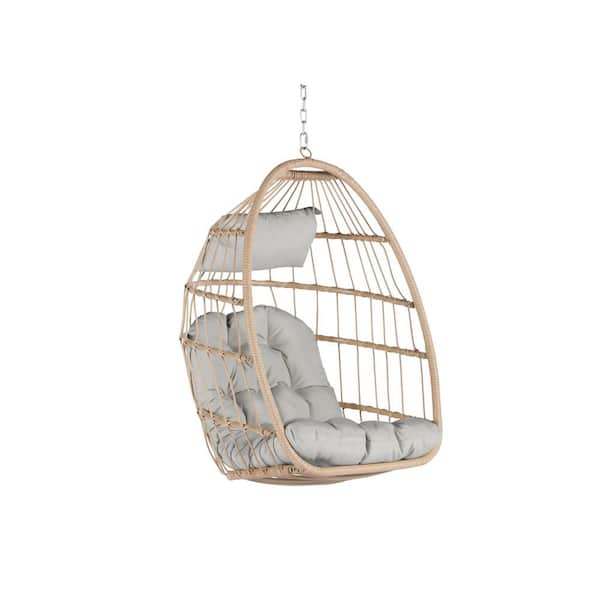 1-Person Light Gray Wood Egg Porch Swing Chair Hanging Chair with Cushion for Bedroom Living Room Balcony