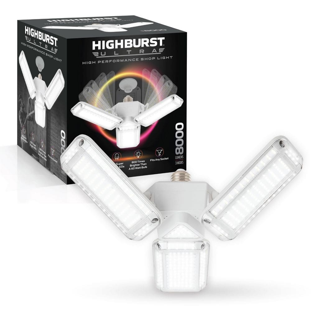 Bell + Howell - Highburst 70 W 8,000 Lumen LED 6500K Daylight Garage Light Bulb, 3-Panel Adjustable E26 Screw-In Specialty Shop Light