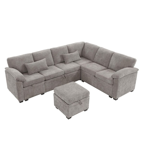 Selene Modern 97.2 in. Chenille Convertible Pull-Out Modular Sectional Sofa in. Grey with Storage Ottoman, Pillows