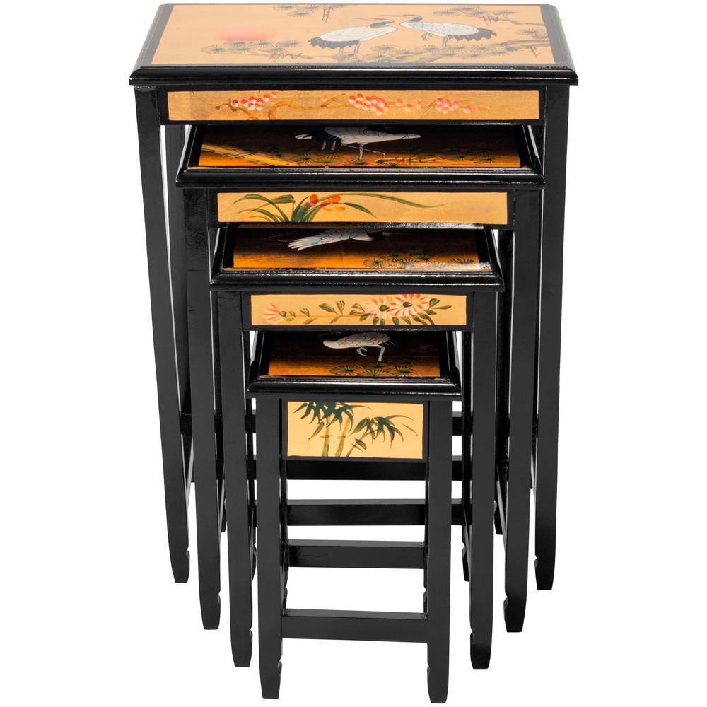 Gold Lacquer Cranes Design Nesting Tables Set