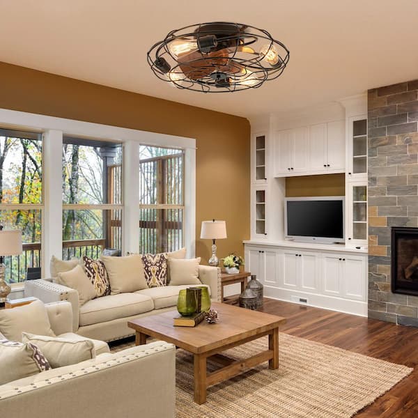20 in. 4-Light Indoor Black Wood Grain Industrial Metal Cage Enclosed Ceiling Fan with Light Kit and Remote