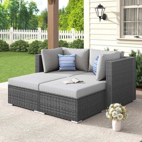 FINCATI 4-Piece Deep Seating Wicker Loveseat Outdoor Serving Bar Sets with Light Gray Cushions for Patio and Backyard Lounge
