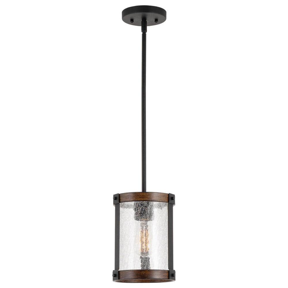 Hadley 9" Modern Farmhouse Crackled Glass Pendant Light, Textured Black