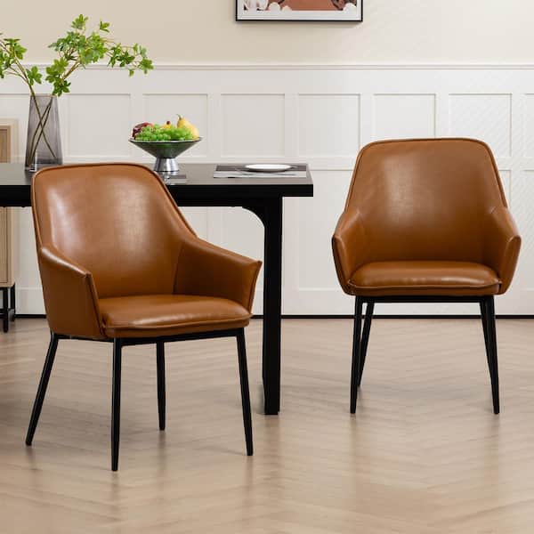 Berenice Light Brown Faux Leather Upholstered Dining Chair with Black Iron Legs Set of 2