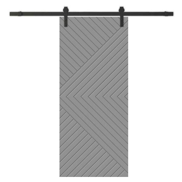 CALHOME Chevron Arrow 30 in. x 84 in. Fully Assembled Light Gray Stained MDF Modern Sliding Barn Door with Hardware Kit