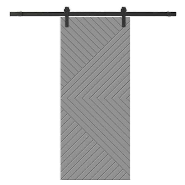 CALHOME Chevron Arrow 38 in. x 96 in. Fully Assembled Light Gray Stained MDF Modern Sliding Barn Door with Hardware Kit