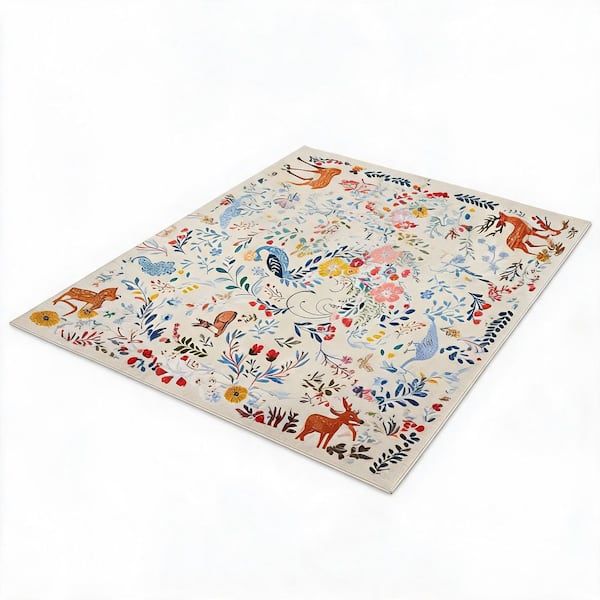 Beige 10 ft. X 13 ft. Animal Pattern Washable Low Pile Non-Slip Stain Resistant with Peacock Deer Design Indoor Area Rug