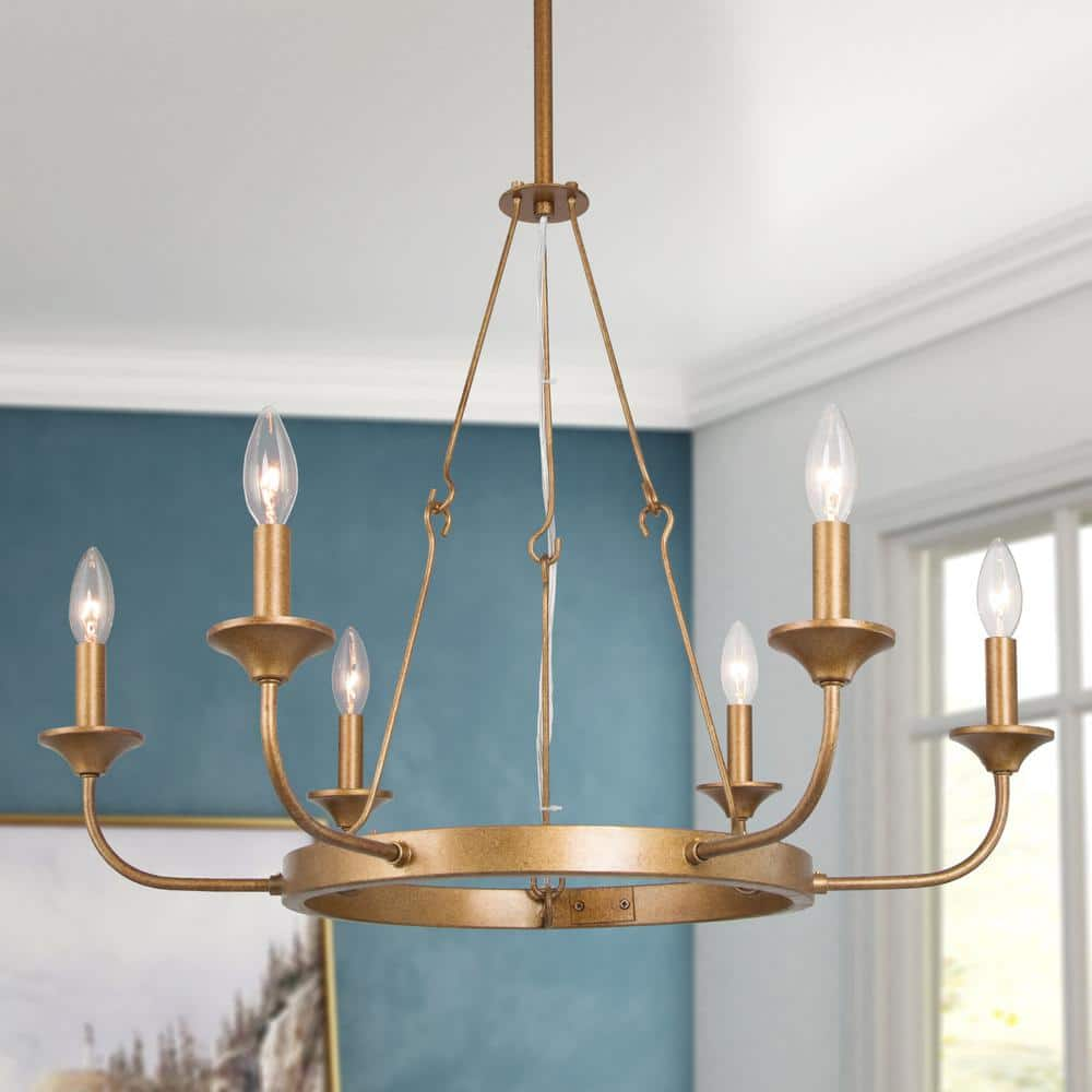 Uolfin Gold Candlestick Chandelier, Rustic 6-Light Rust Gold Farmhouse ...