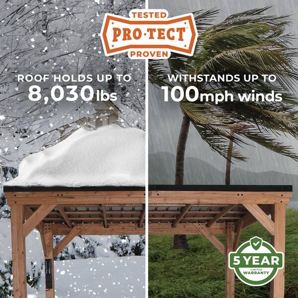 Arcadia 20 ft. x 9 ft. 6 in. All Cedar Wood Carport Pavilion Gazebo with Hard Top Steel Metal Roof and Electric, Brown
