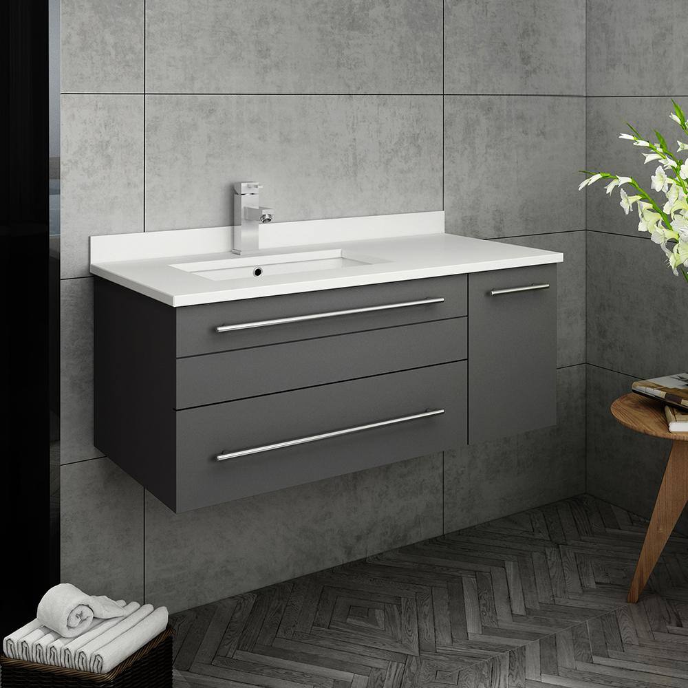 Gray Solid Wood and MDF Wall Mount Vanity with Quartz Stone Top