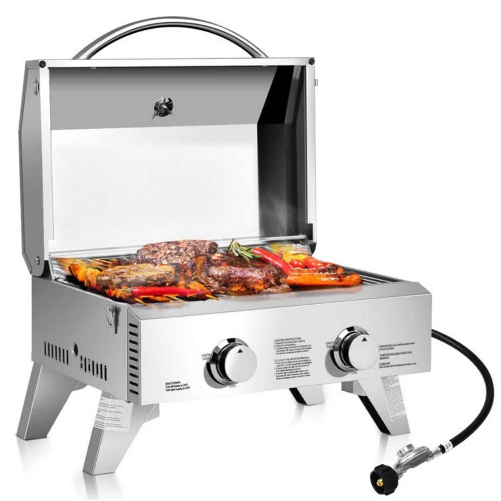 20000 BTU Portable Square 2 Burner Stainless Steel BBQ Table Top Propane Gas Grill in Black w Folding Leg, Locking Cover
