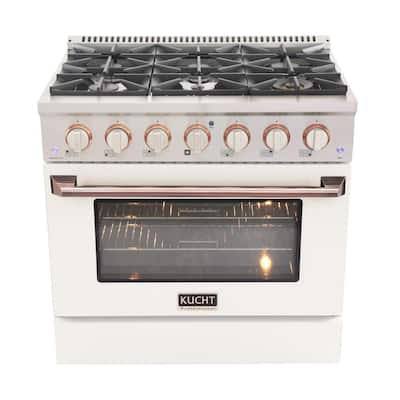 Custom KNG 36 in. 5.2 cu. ft. Propane Gas Range with Convection Oven in White with White Knobs and Rose Gold Handle