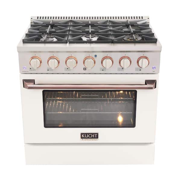 Kucht Custom KNG 36 in. 5.2 cu. ft. Propane Gas Range with Convection Oven in White with White Knobs and Rose Gold Handle