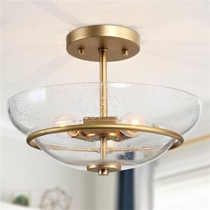 Modern Center-Bowl Kitchen Ceiling Light Naomi 3-Light Gold Bedroom Semi-Flush Mount with Seeded Glass Shade