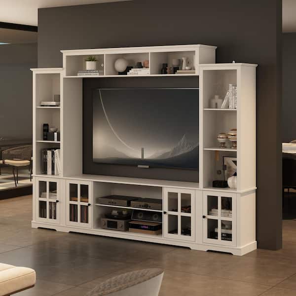 White Wooden TV Stand Fits TV's up to 75 in. with Open Shelves and Tempered Glass Door Cabinet