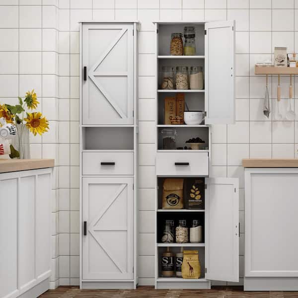 69 in. White Narrow Kitchen Storage Cabinet, Bookcase Linen Cabinet with 2-Barn Doors, 1-Drawer and Adjustable Shelves