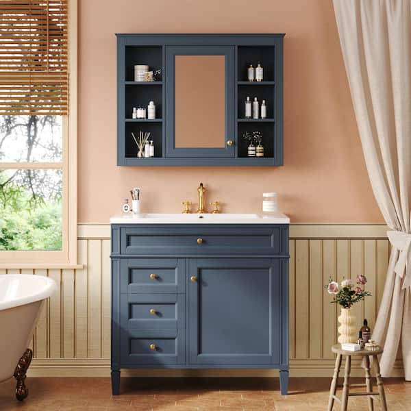 36 in. W x 24 in. H Rectangular Surface Mount Medicine Cabinet with Mirror, Include Bathroom Vanity, Blue