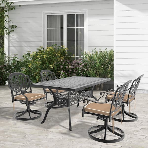 Willit Elizabeth 5-Piece Cast Aluminum Patio Outdoor Dining Set with Rectangle Dining Table,4 Swivel Chairs and 4 Brown Cushion