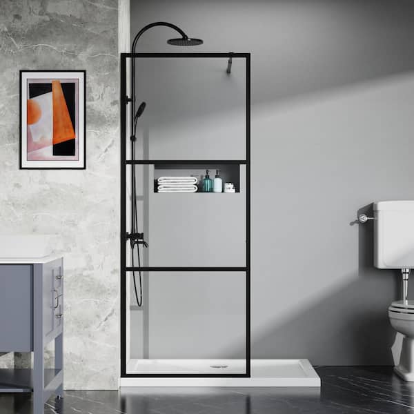 ES-DIY 34 in. W x 72 in. H Fixed Single Panel Frameless Shower Door in Black Finish with 1/5 in. (5 mm) Clear Glass