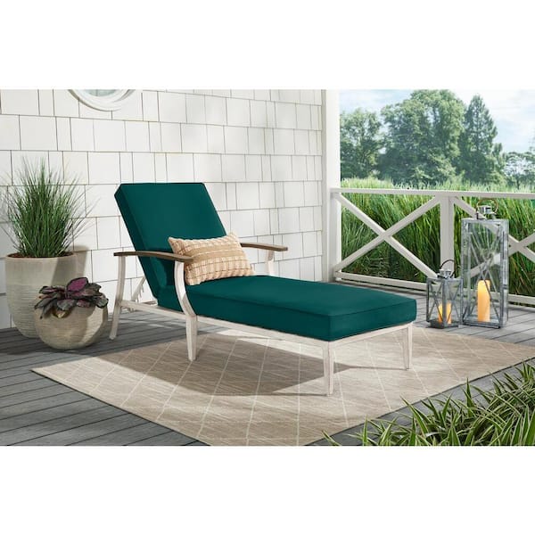 Hampton Bay Marina Point White Steel Outdoor Patio Chaise Lounge with CushionGuard Malachite Green Cushions