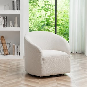 White Modern Boucle Upholstered Swivel Barrel Armchair