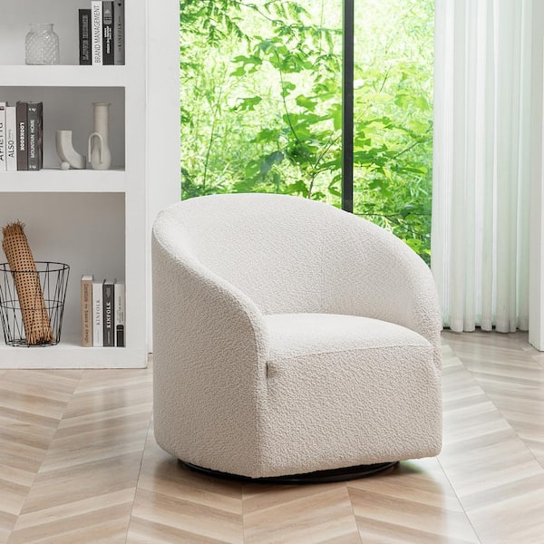 KINWELL White Modern Boucle Upholstered Swivel Barrel Armchair