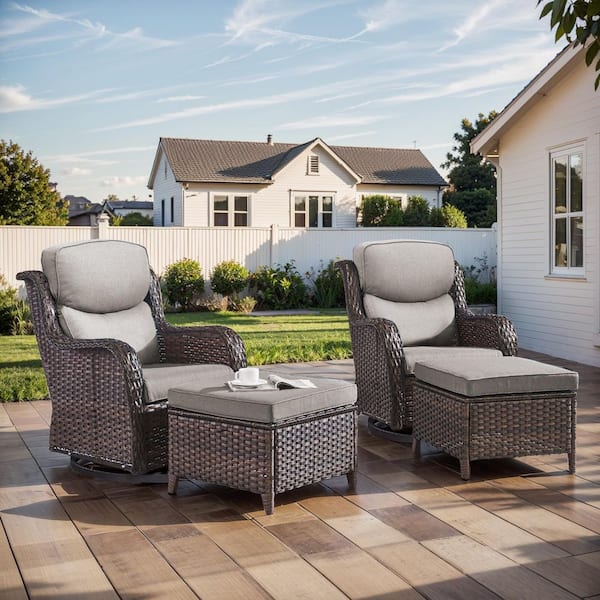 moosprr Luxury Brown Swivel Glider Wicker Patio Conversation Set with Gray Olefin 5 in. Thick Cushions/Ottoman (4-Piece)