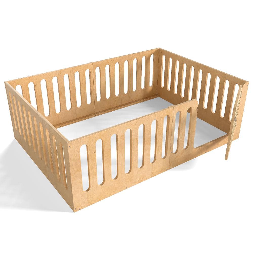 Natural Wood Frame Full Size Platform Bed with High Fence and Low-profile
