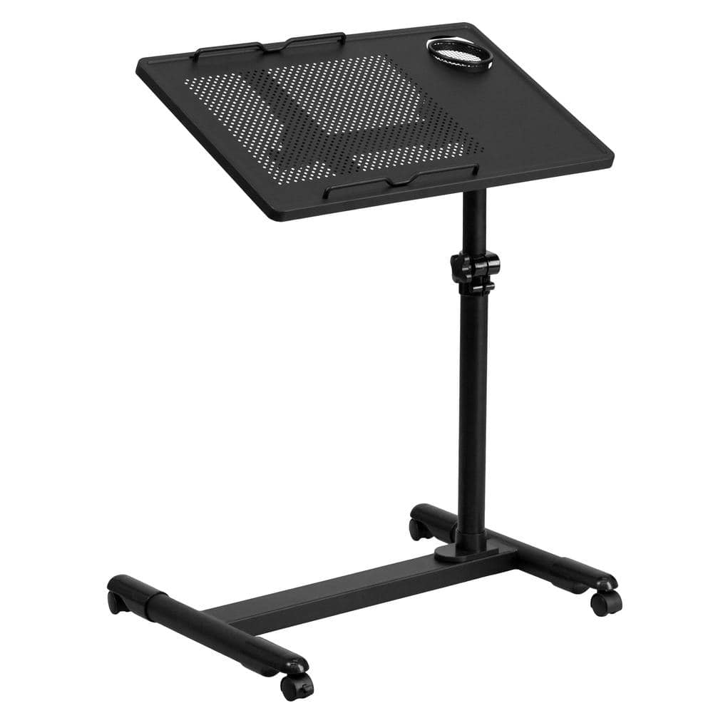 Black Adjustable Height Steel Mobile Laptop Cart with Cup Holder