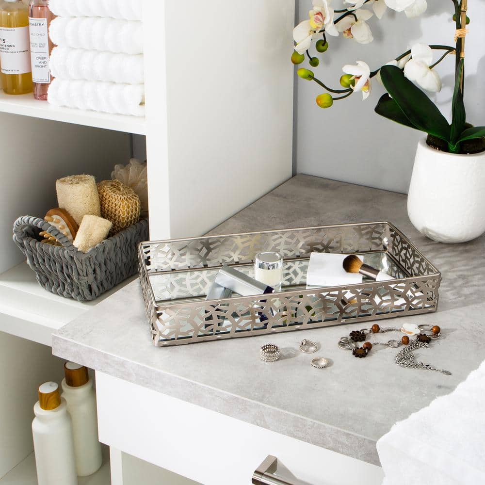 Satin Nickel Leaf Design Mirrored Vanity Tray