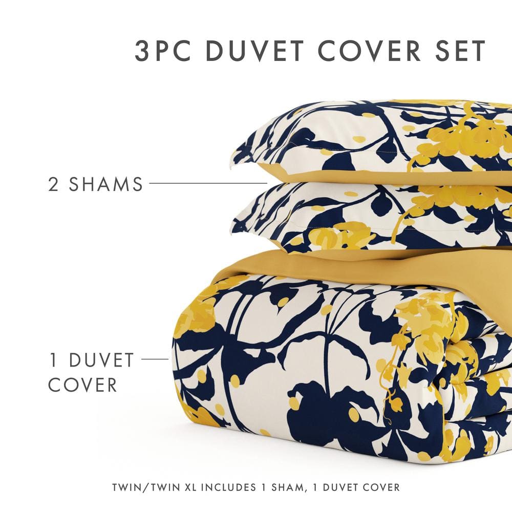 Yellow and Navy Floral Reversible Twin Duvet Cover Set