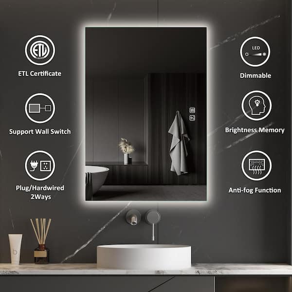 HOMLUX 40 in. W x 28 in. H Rectangular Frameless LED Light with 3-Color and  Anti-Fog Wall Mounted Bathroom Vanity Mirror C67E004EF4 - The Home Depot