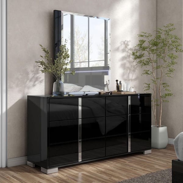 Mesala Piano Black 6-Drawer 61 in. Dresser with Mirror with Chrome Accents and Legs, Vertical Chrome Handles