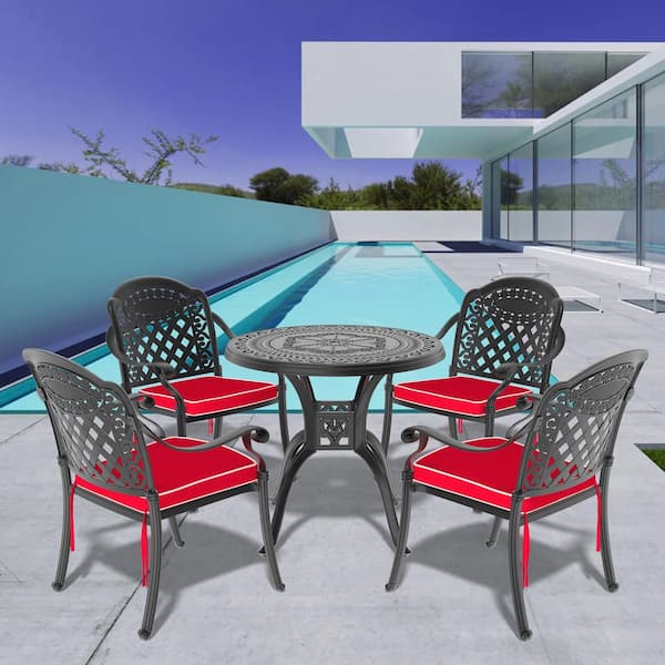Isabella 5-Piece Cast Aluminum Outdoor Dining Set with 31.50 in. Round Table and Random Color Seat Cushions
